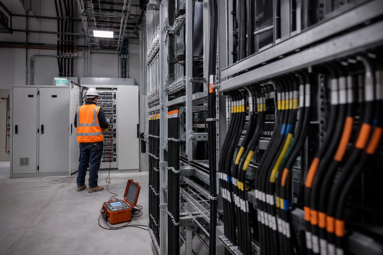 Technician commissioning electrical systems in a data center