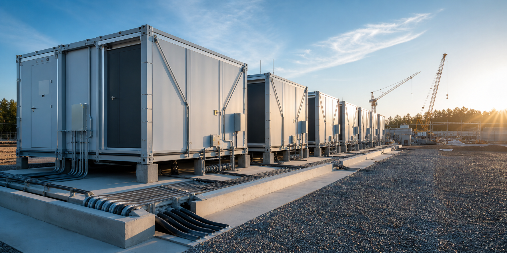 Modular data center units being installed at a prepared site